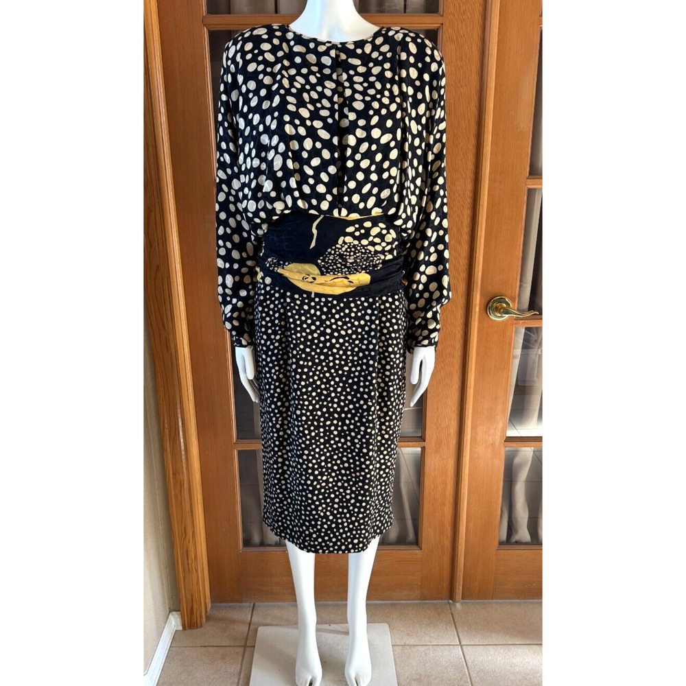Vtg 80s 100% Silk Black Dress Yellow PolkaDot Ruched Blouson M 10